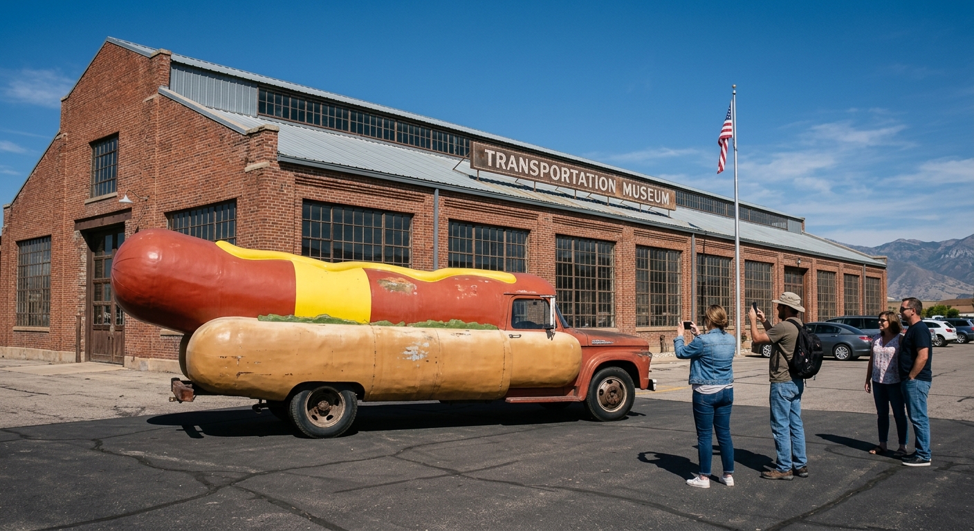 a giant, hot-dog-shaped novelty vehicle parked on the asphalt in front of an industrial brick transportation museum, with a few casual onlookers taking pictures