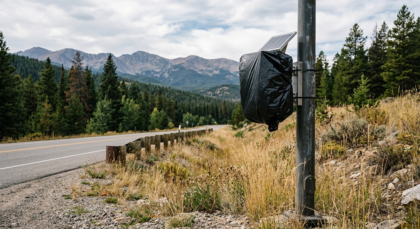 a small solar-powered license plate reader camera mounted on a street pole beside a suburban road, with the camera unit wrapped in a dark opaque plastic bag, su