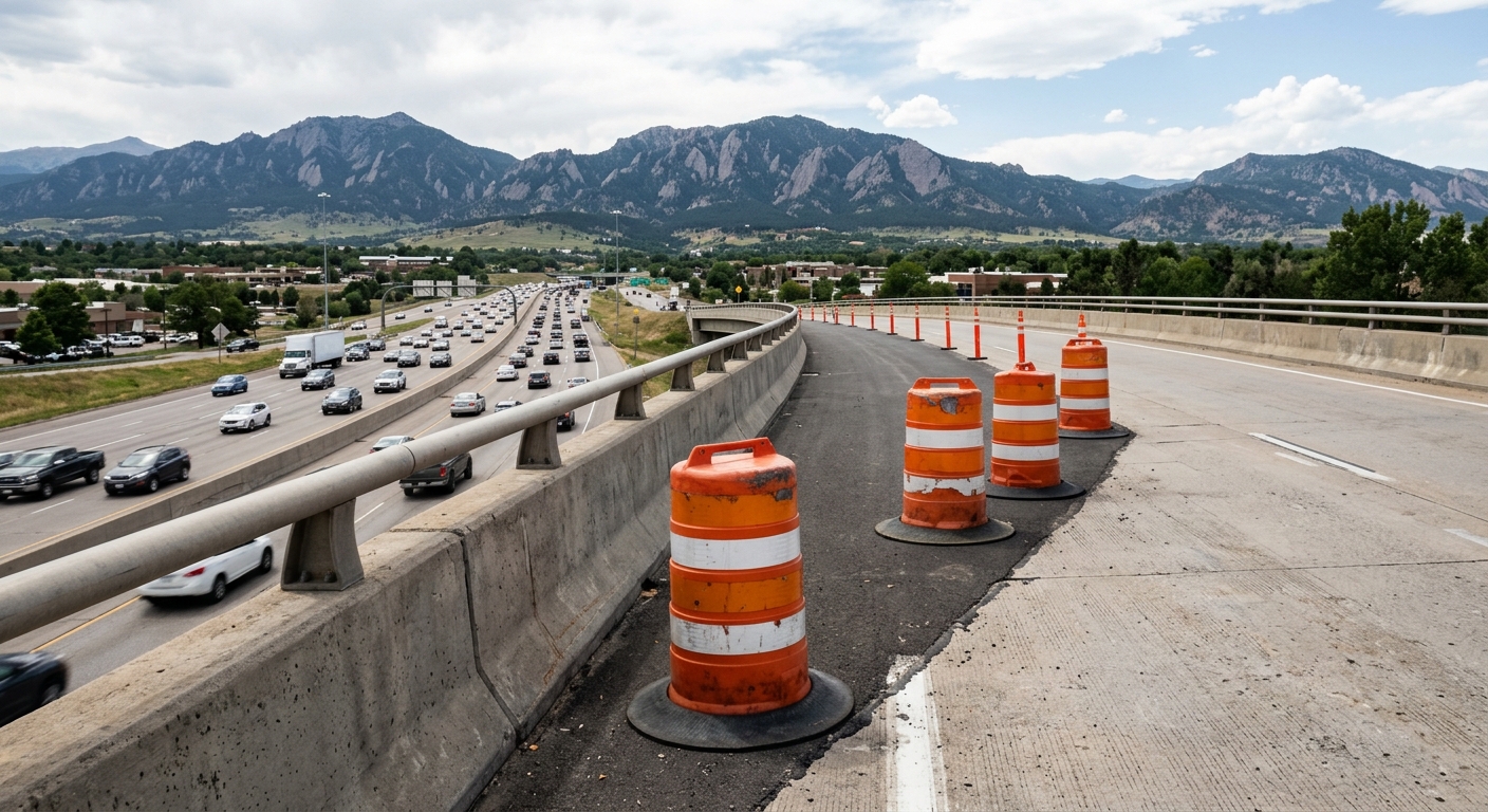 orange traffic barrels and a closed lane on a concrete highway overpass, overlooking a busy multi-lane interstate with distant mountains in the background, natu