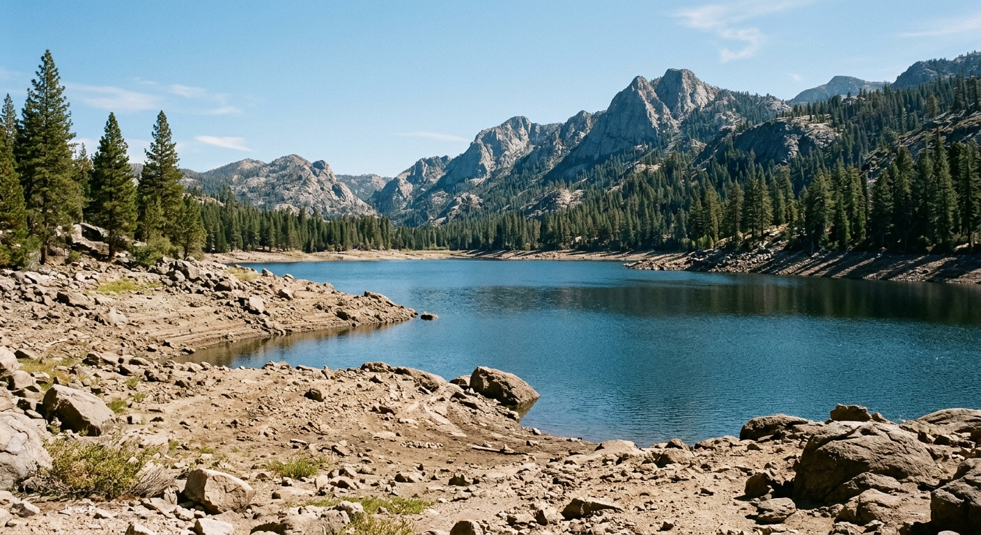 a partially lowered water reservoir revealing a dry rocky shoreline, surrounded by pine trees and rugged mountain foothills under a clear sky, natural everyday
