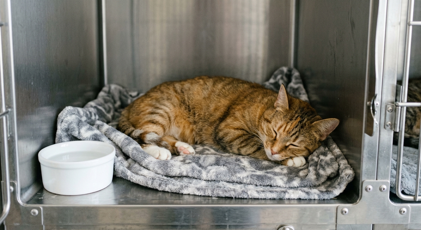 a recovering domestic cat resting calmly on a soft fleece blanket inside a clean stainless steel enclosure at an animal rescue facility, a ceramic water bowl ne