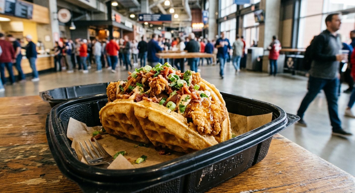 a loaded buttermilk fried chicken and waffle taco topped with crispy bacon and scallions, sitting inside a reusable plastic container on a high-top table, with