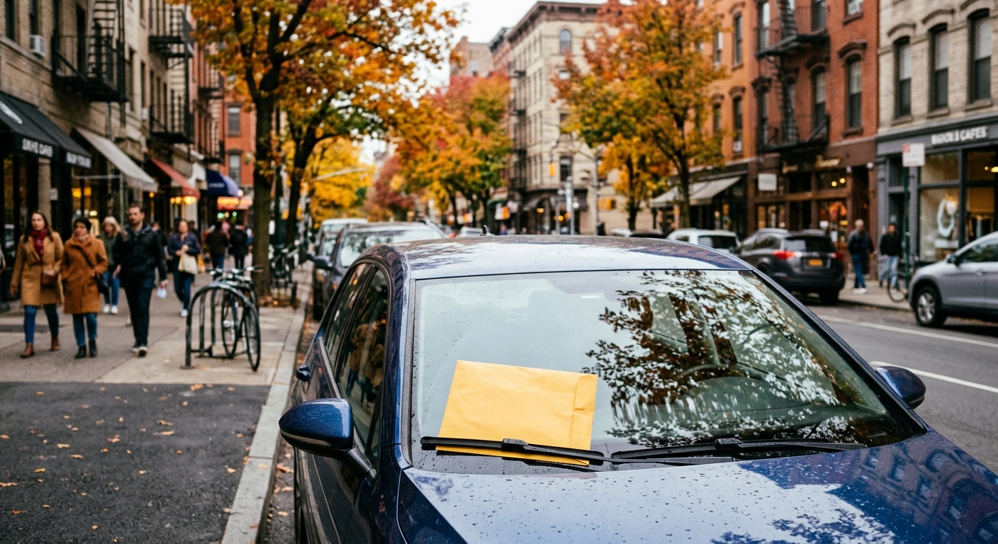 a blank yellow paper envelope tucked under the windshield wiper of a car parked along a bustling city street lined with autumn trees and brick architecture, nat