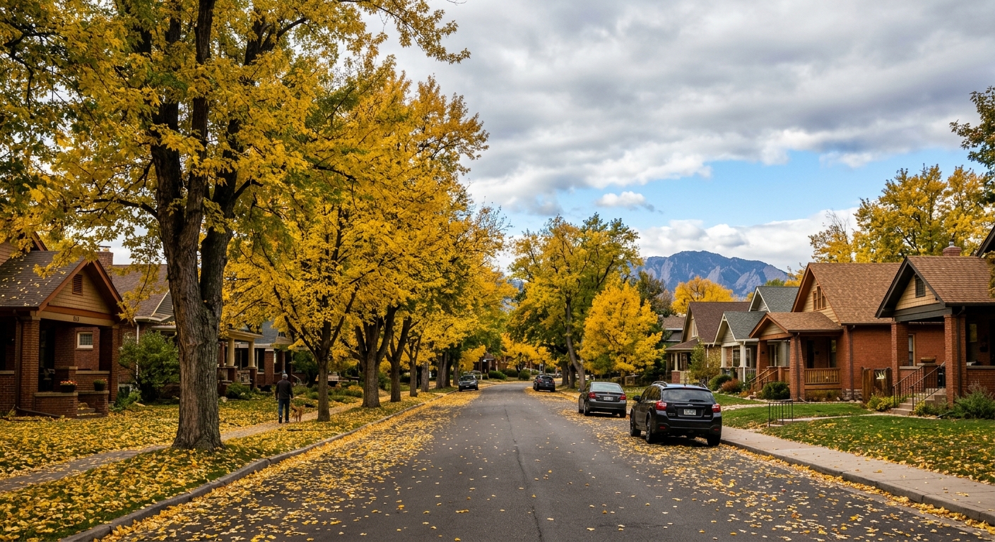 a quiet residential street lined with yellow autumn trees and scattered fallen leaves in Denver, with morning clouds breaking to reveal patches of blue sky and