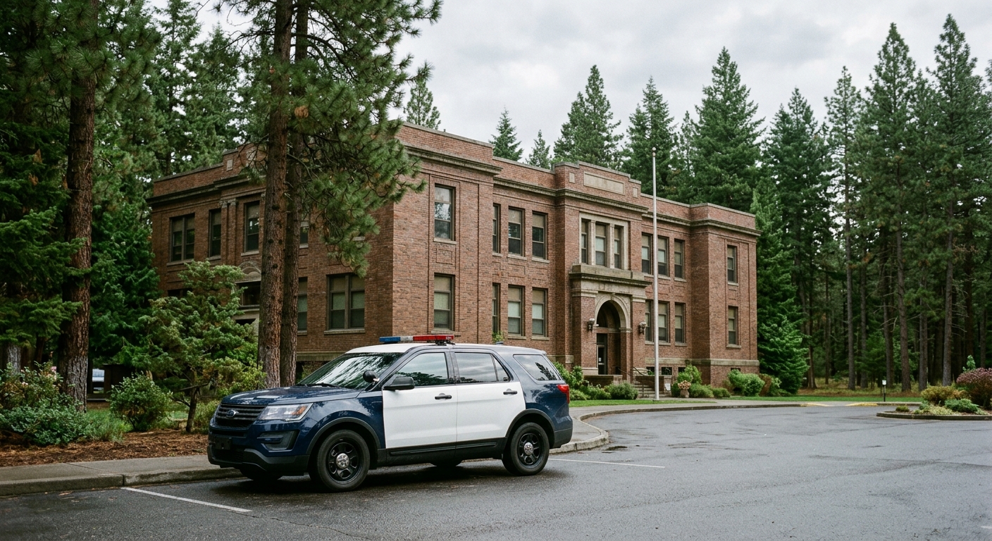a generic police cruiser parked outside a brick municipal building, surrounded by tall pine trees, natural everyday lighting, shot on a DSLR camera, slight film