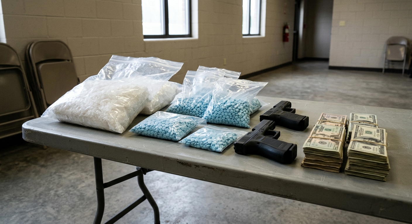 clear plastic bags containing a white crystalline substance and thousands of small blue pills, laid out next to two black handguns and stacks of paper currency