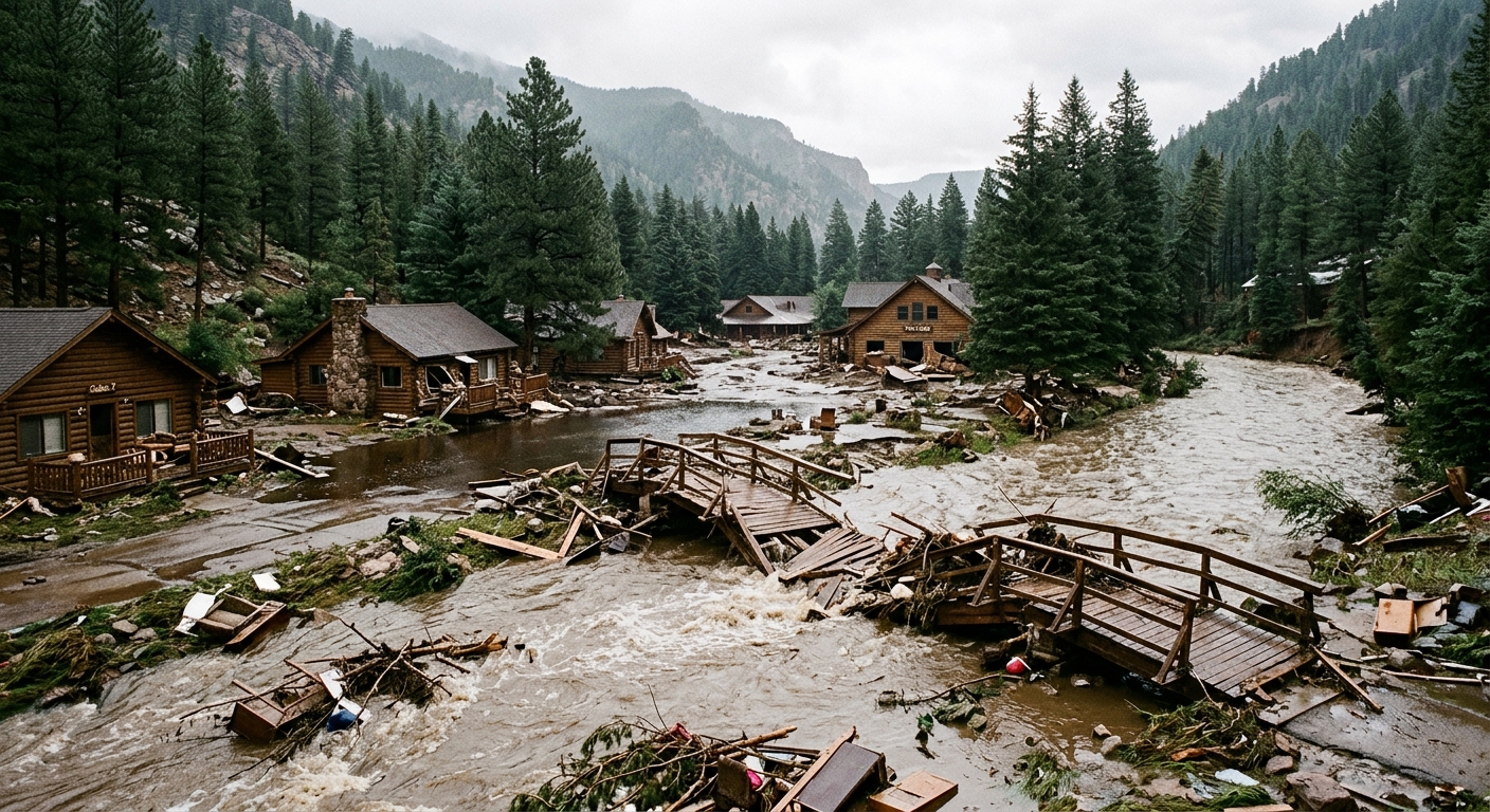 a flooded vacation resort in a mountainous area with pine trees, showing murky floodwaters washing over scattered debris, a collapsed wooden pedestrian bridge,