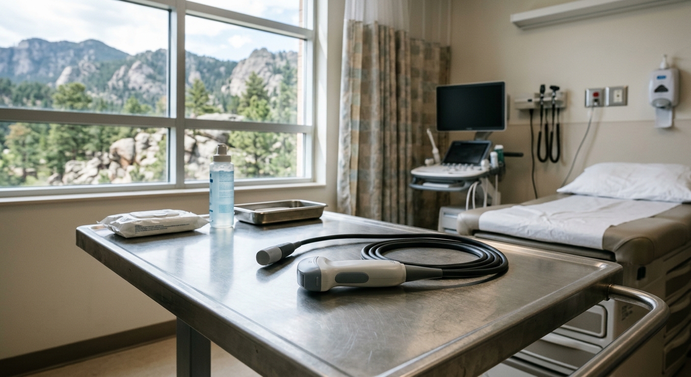 a modern medical ultrasound probe resting on a stainless steel cart in a bright examination room, a window in the background looking out at rocky pine-covered m
