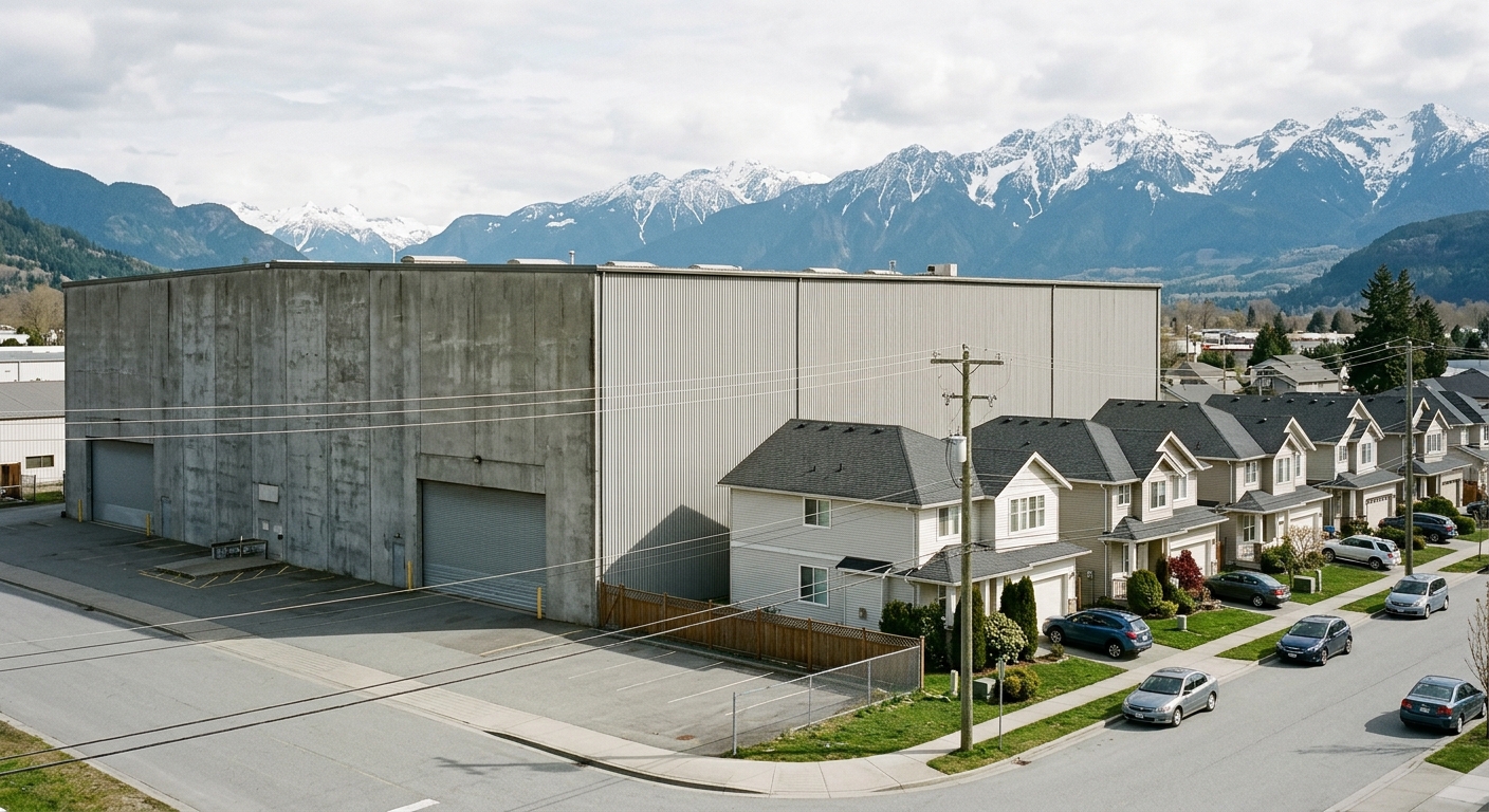 a large, windowless industrial warehouse situated directly next to a row of modern suburban houses, with snow-capped mountains visible in the distant background