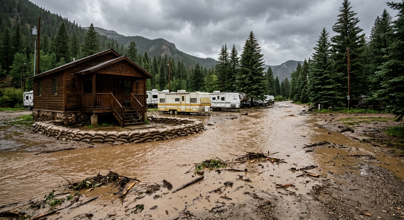 muddy floodwater covering a gravel road in a mountain town RV park, with wet sandbags stacked against the foundation of a nearby wooden house, fallen branches a