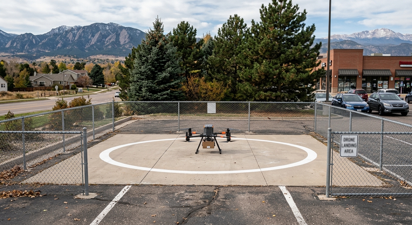 a small commercial delivery drone resting on a designated landing pad in a suburban retail parking lot, surrounded by safety screening and pine trees, with a ty