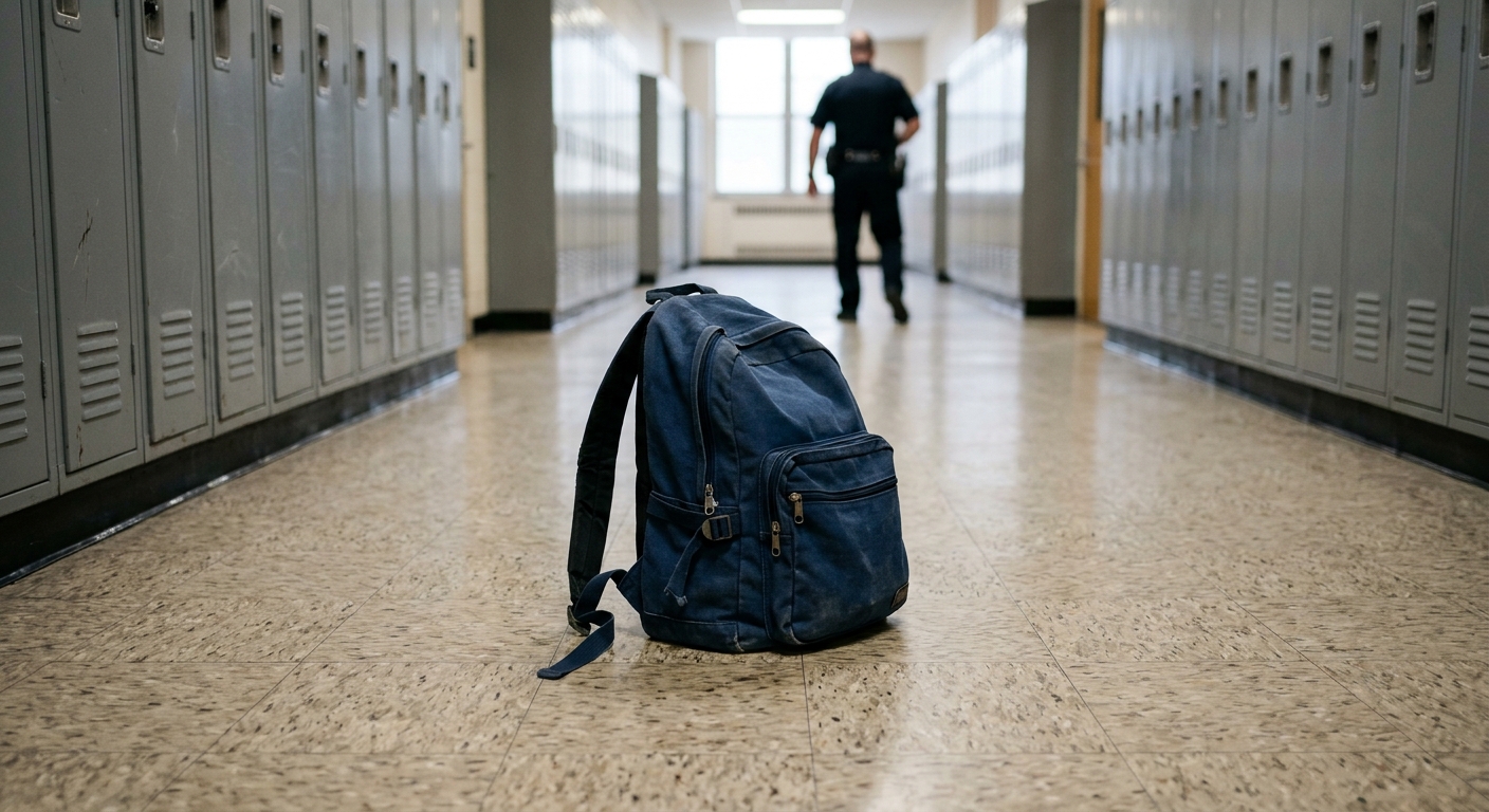 a standard fabric student backpack resting on the linoleum floor of an empty high school hallway lined with metal lockers, with the out-of-focus figure of a pol