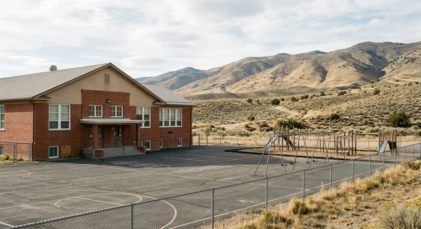 a quiet, empty brick elementary school building and a deserted asphalt playground with a chain-link fence, set against a backdrop of distant dry mountain foothi