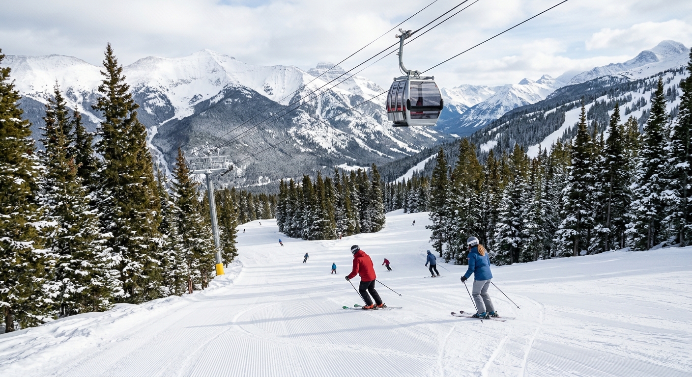a snow-covered mountain ski trail in the Rocky Mountains with freshly groomed snow, a gondola cabin passing overhead, and a few skiers in winter gear descending