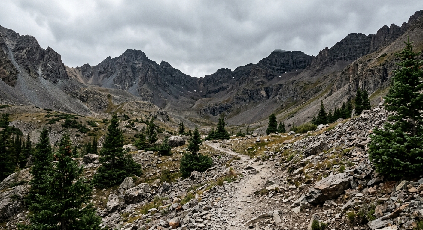 a rugged, rocky mountain basin with sparse pine trees and overcast skies, typical of the high elevation Colorado wilderness, showing an empty hiking trail cutti