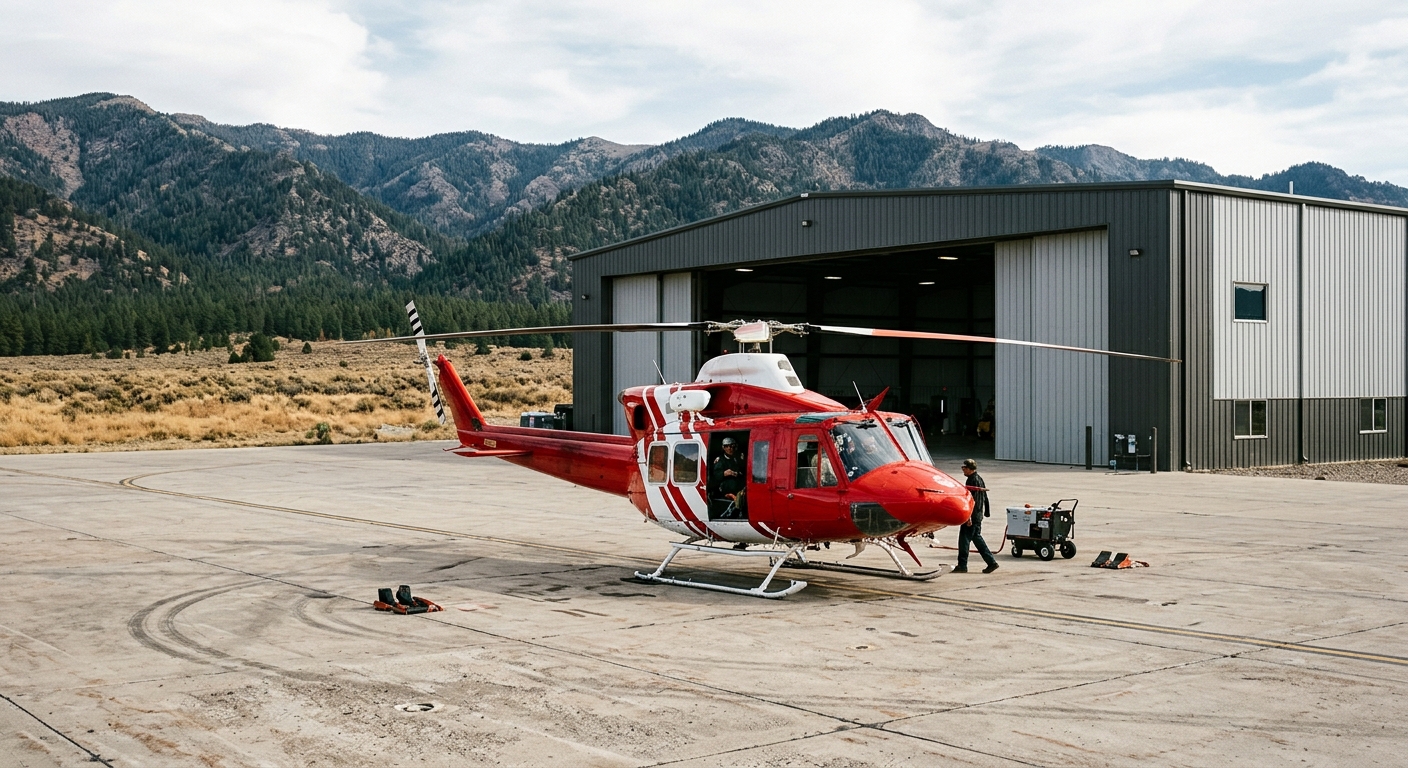 a red and white firefighting helicopter parked on a concrete tarmac outside a large modern metal aviation hangar, with dry brush and distant pine-covered mounta