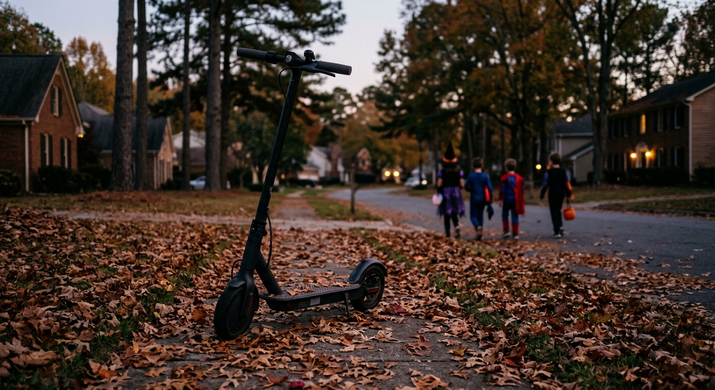 an electric scooter resting on a suburban sidewalk covered in dry autumn leaves, with soft blurred silhouettes of children in casual costumes walking in the bac