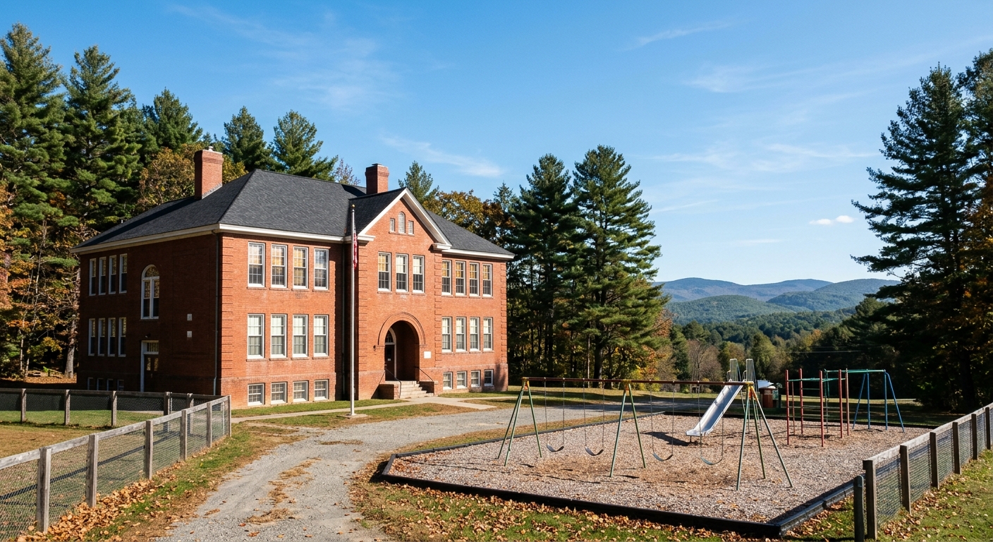 a traditional red brick elementary school building with a small empty playground in front, surrounded by pine trees and distant foothills under a clear blue sky