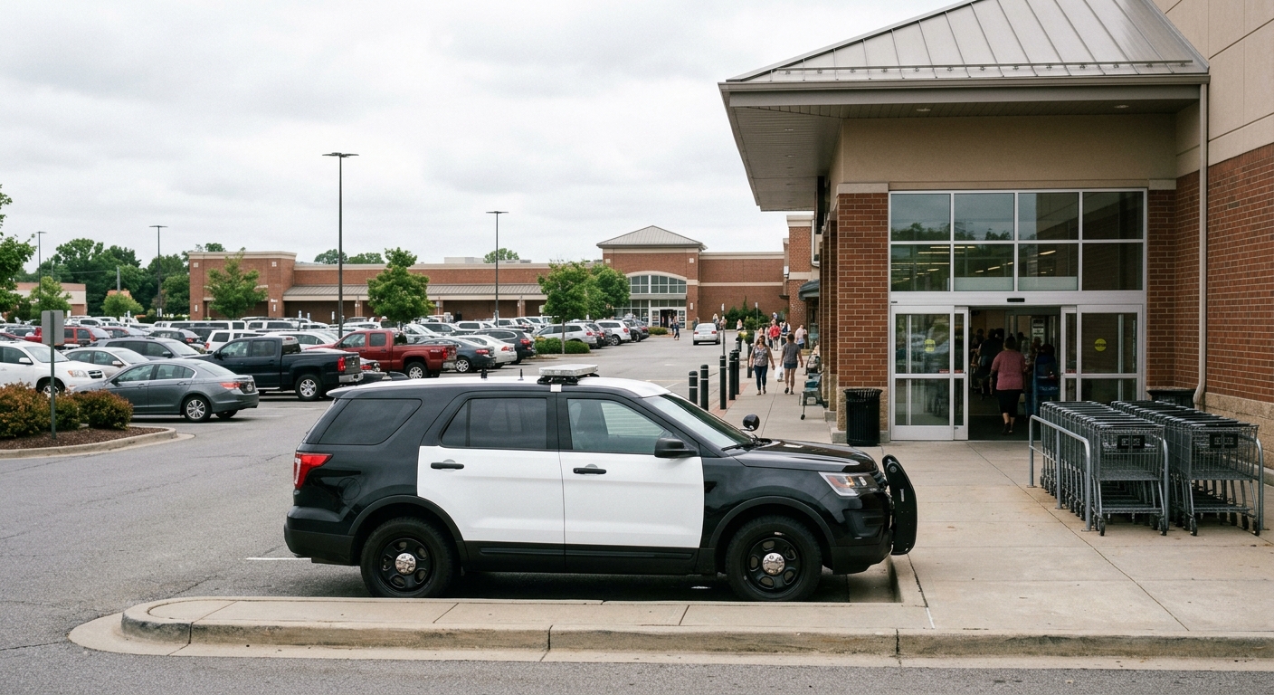 a police patrol SUV parked alongside a curb in front of a large suburban retail shopping center, empty shopping carts near the store entrance, overcast daytime